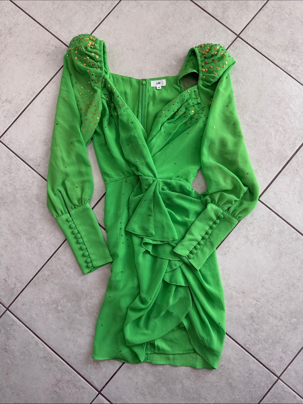 REVOLVE Green Puff-Sleeve Wrap Mini Dress with Embellished Shoulders